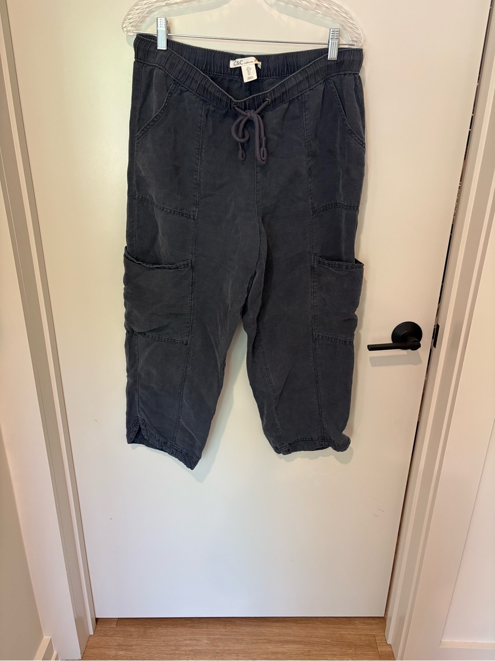 C&C California Drawstring Waist Linen Wide Leg Pants Cropped Charcoal Grey Comfy